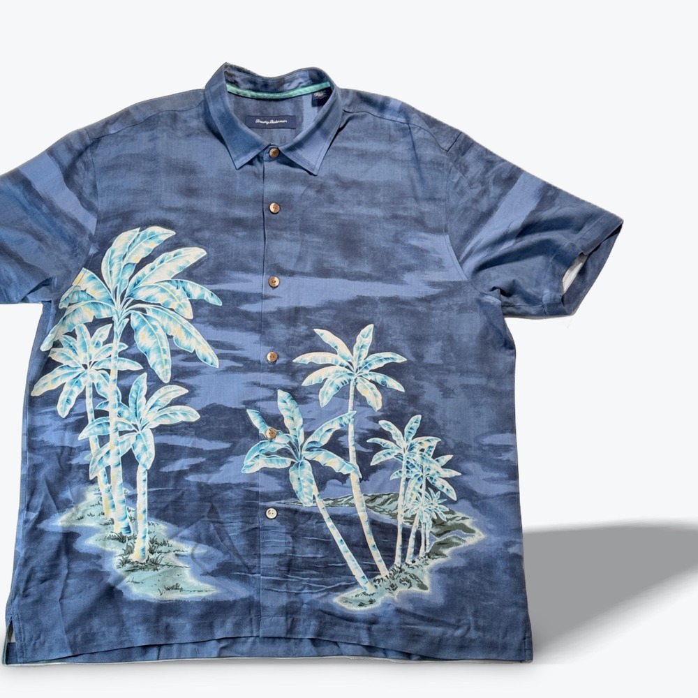 TOMMY BAHAMA Shirt Silk Camp Hawaiian Blue Palm Trees Tropical Vintage XXL 2XL